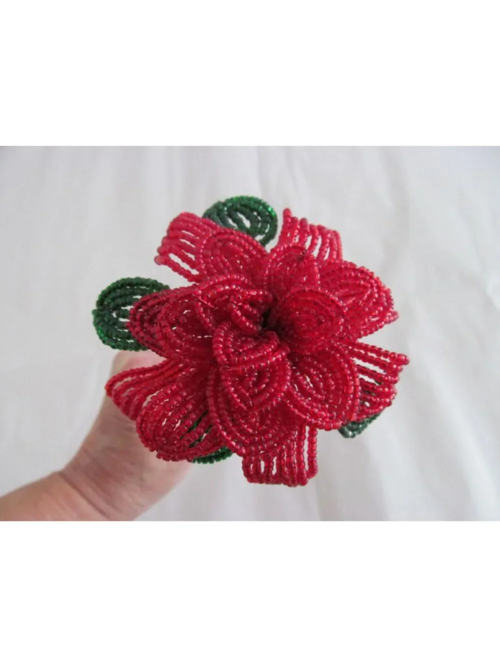 Handcrafted Red & Green French Beaded Flower with Stem Home Decor Gift 11 inch
